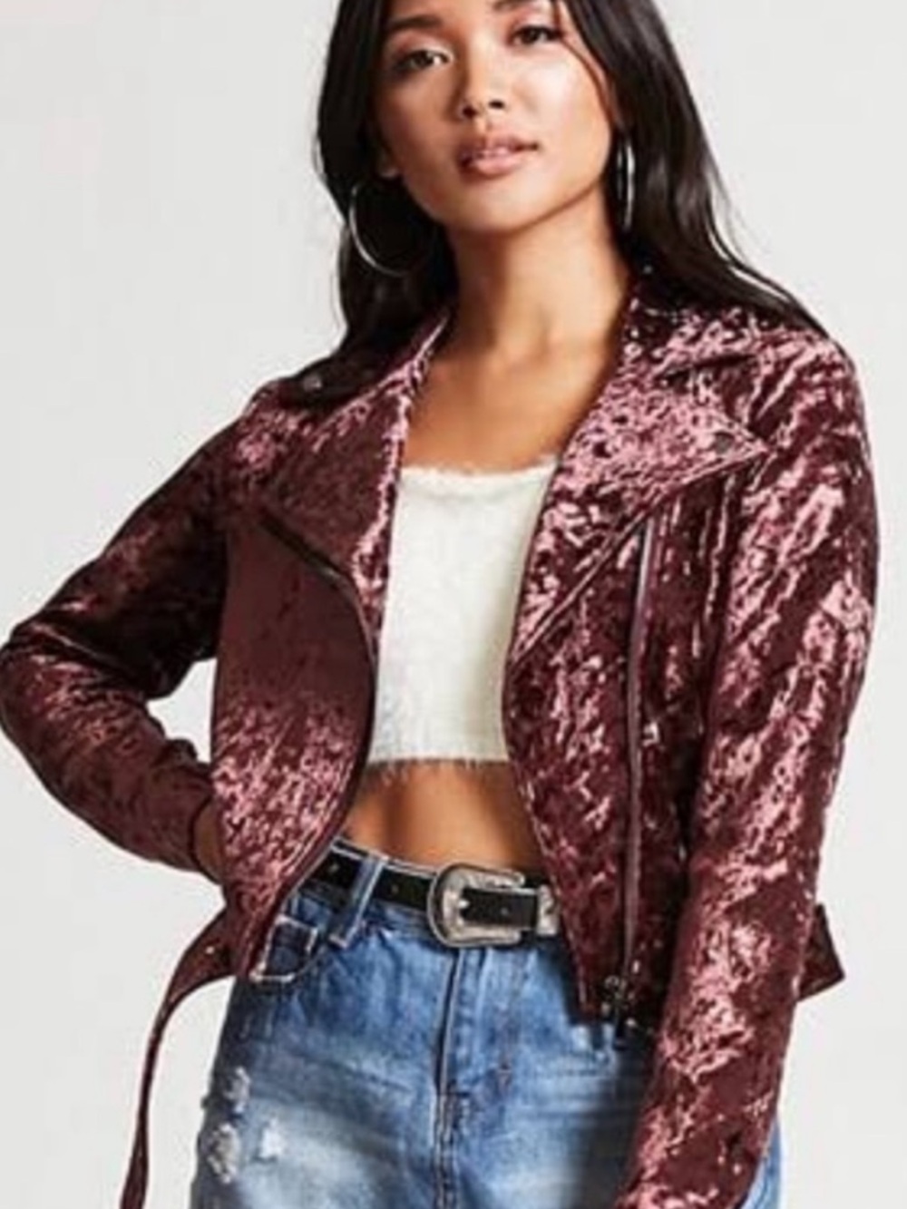 Forever 21 Crushed Velvet Moto Jacket - Burgundy